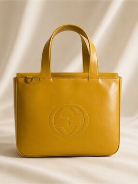 Gucci Soho Mustard Yellow Leather Tote Bag GG Embossed Logo Crossbody Purse